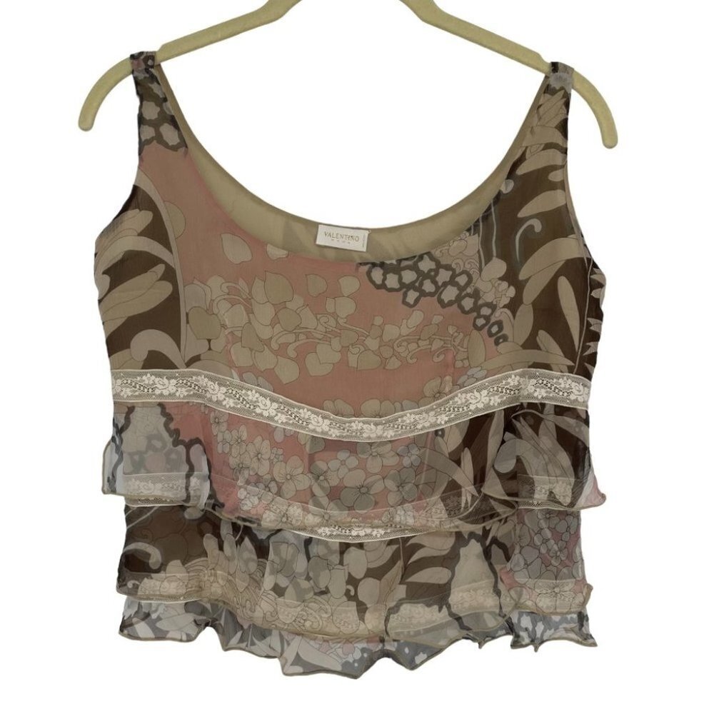 Valentino Roma Silk Lace tiered floral print Ruffle crop tank multicolour IT 42
